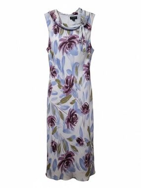 Ann Taylor 100% Silk  Lavender and Olive Floral Midi Dress with Tie Neck